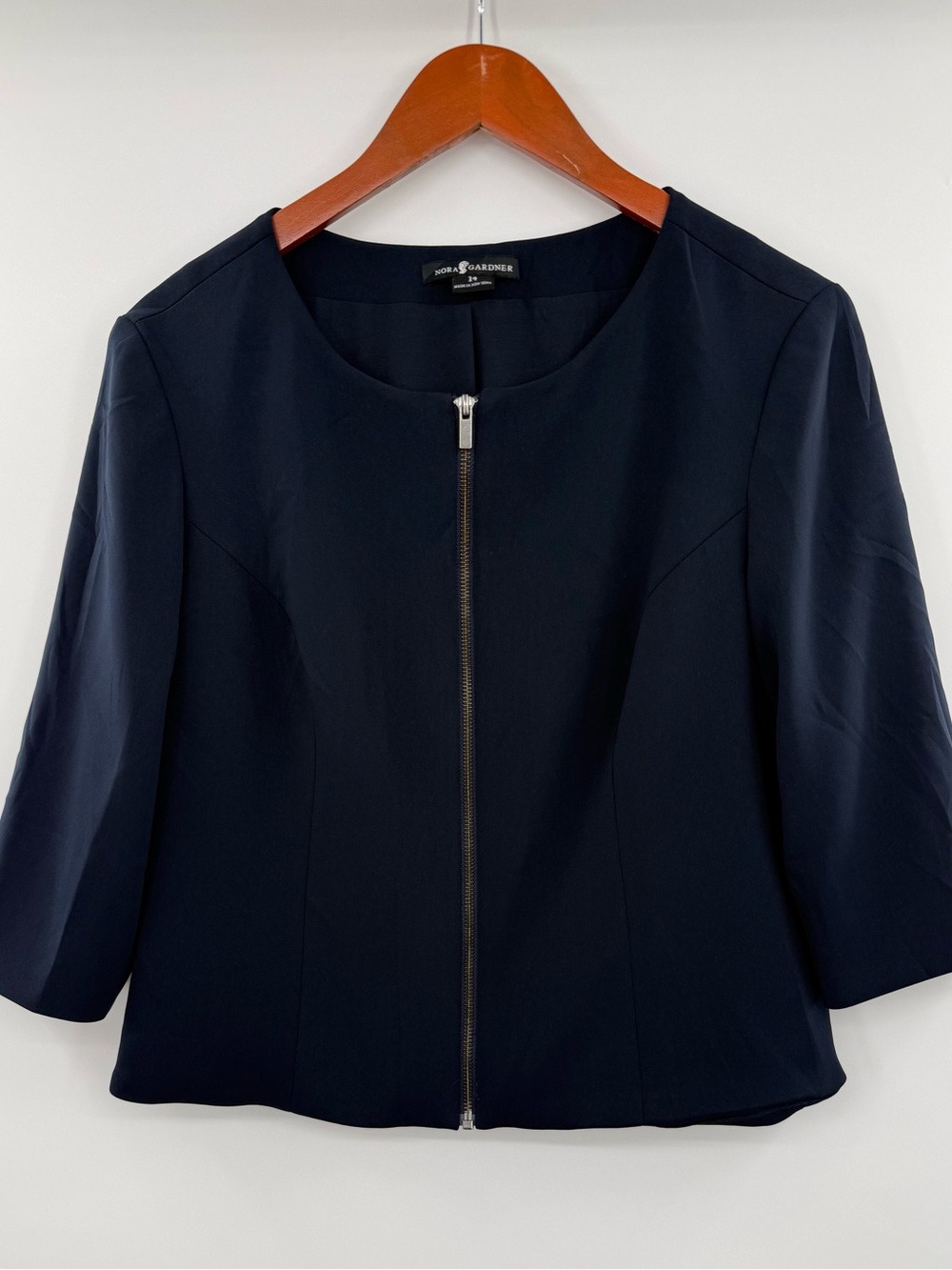 Nora Gardner Size 14 Navy Blue Zip Front Jacket 3/4 Sleeve Blazer USA Career